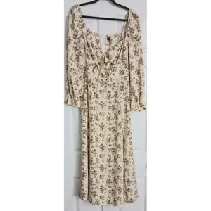 Prairie Peasant Dress 12 Floral Tan Brown Midi Keyhole Tie Neck Zip Up Cottageco